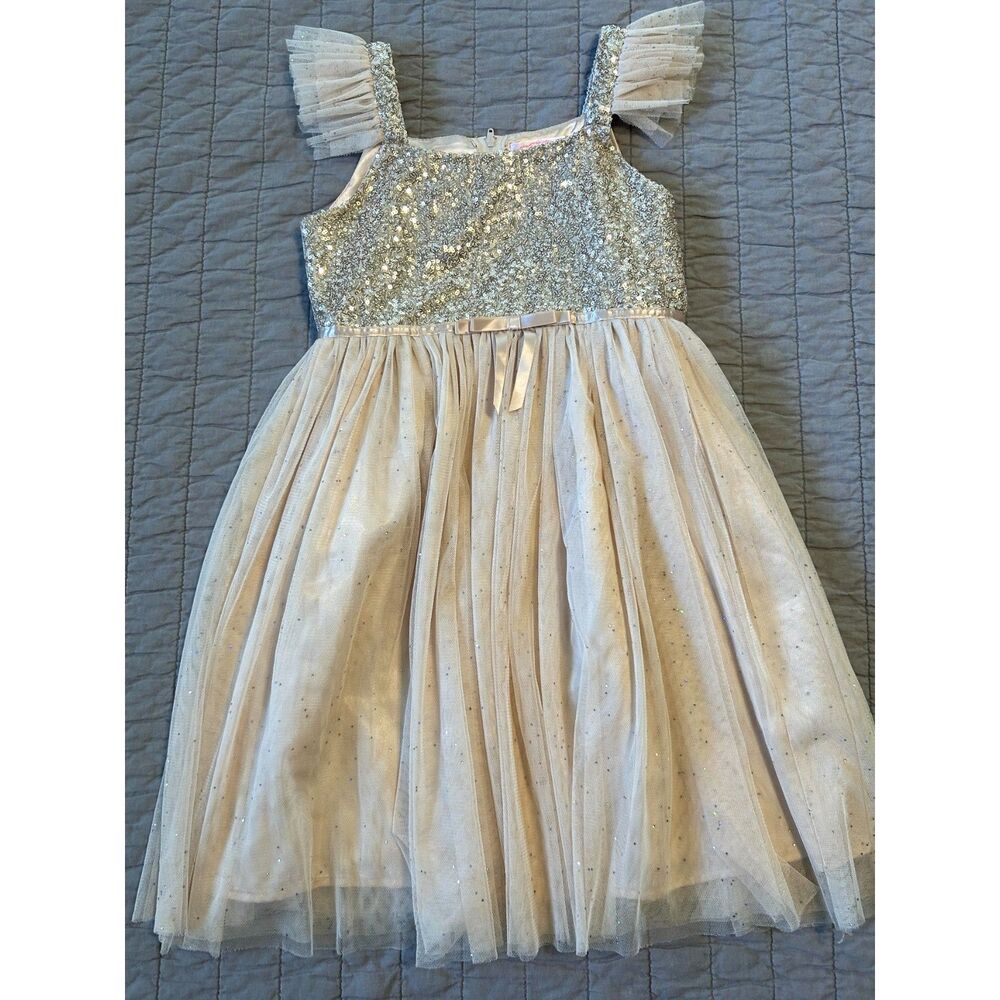Popatu Girl's Sequin-Bodice Flutter-Sleeve Glitter-Tulle Dress Size 8 Sparkle